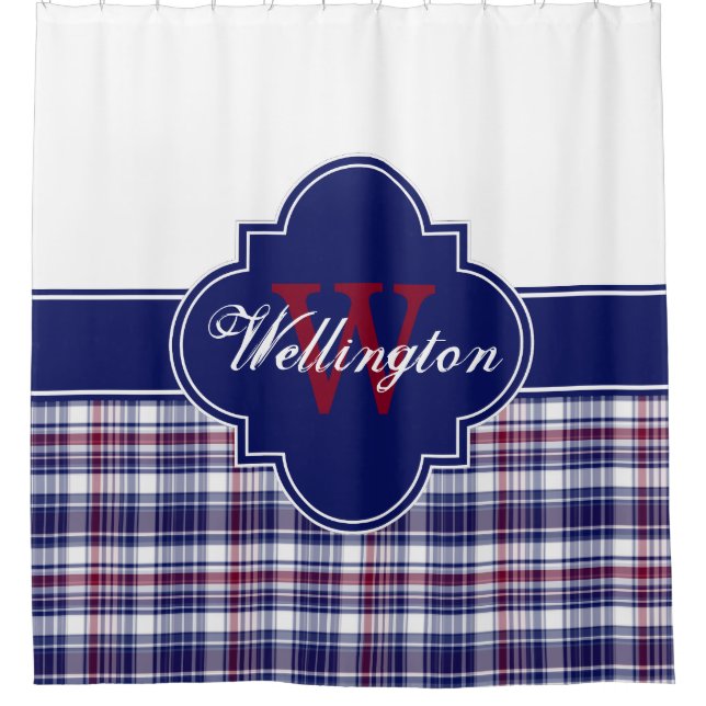 Burgundy Navy White Madras Plaid 1ICB Ribbon Name Shower Curtain (Front)