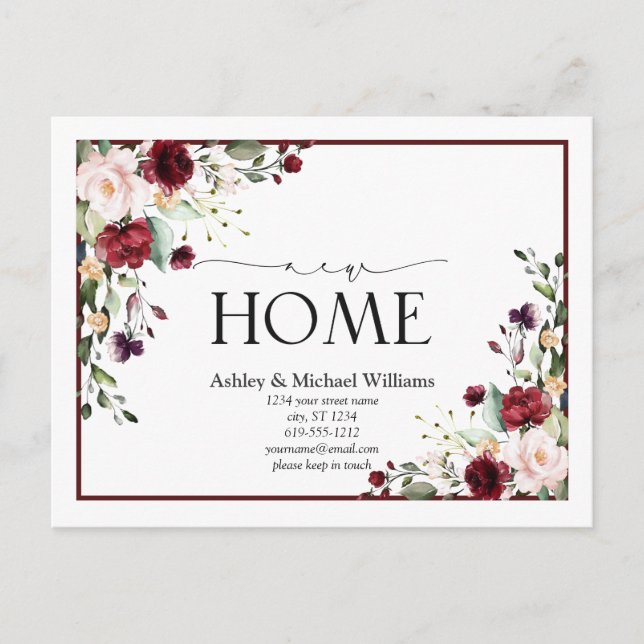 Burgundy New Home Script Moving Announcement Postcard (Front)