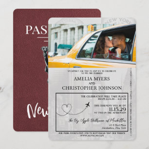 Burgundy New York City Passport Wedding Invitation