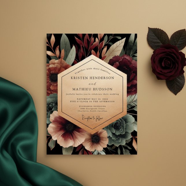 Burgundy Nocturnal Bloom Wedding Invitation (Creator Uploaded)