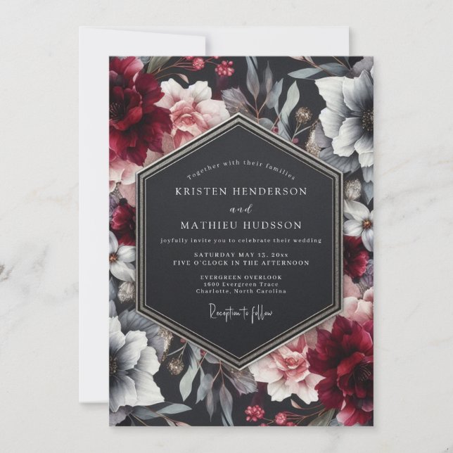Burgundy Noir Floral Wedding Invitation (Front)