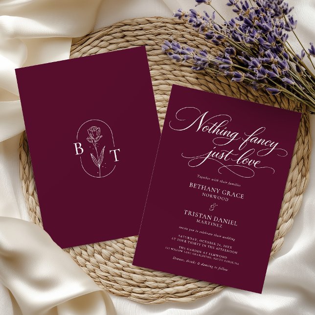 Burgundy Nothing Fancy Just Love Wedding Script Invitation (Creator Uploaded)