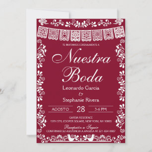Burgundy Nuestra Boda Papel Picado Spanish Wedding Invitation