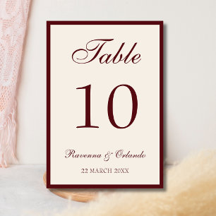 Burgundy Old Money Black Tie Wedding Table Number