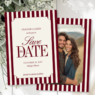 Burgundy Old Money Preppy Stripe Winter Wedding Save The Date