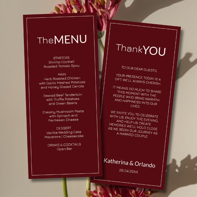 Burgundy Old Money Wedding Menu Thank You Note (Creator Uploaded)