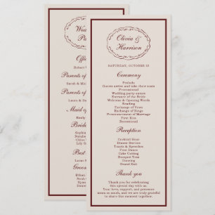 Burgundy Old Money Wedding Program Card