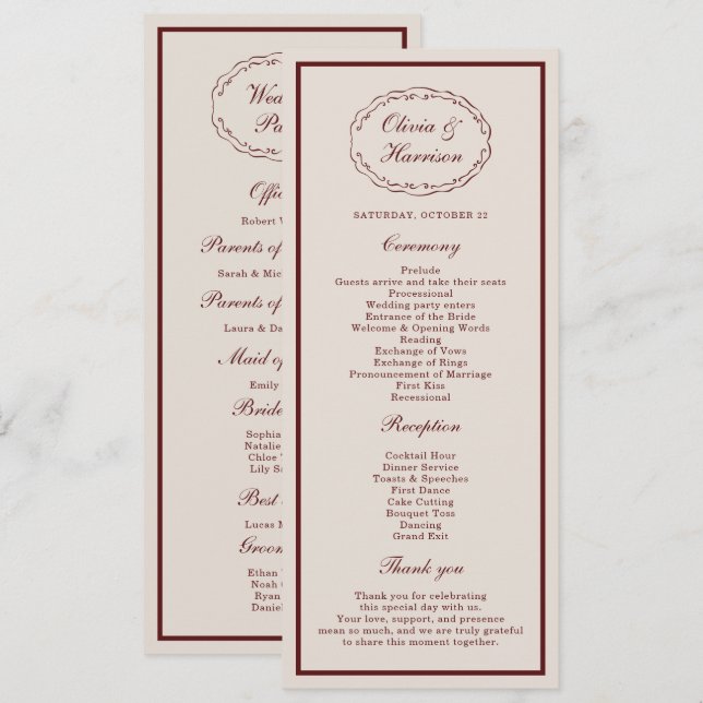 Burgundy Old Money Wedding Program Card (Front/Back)