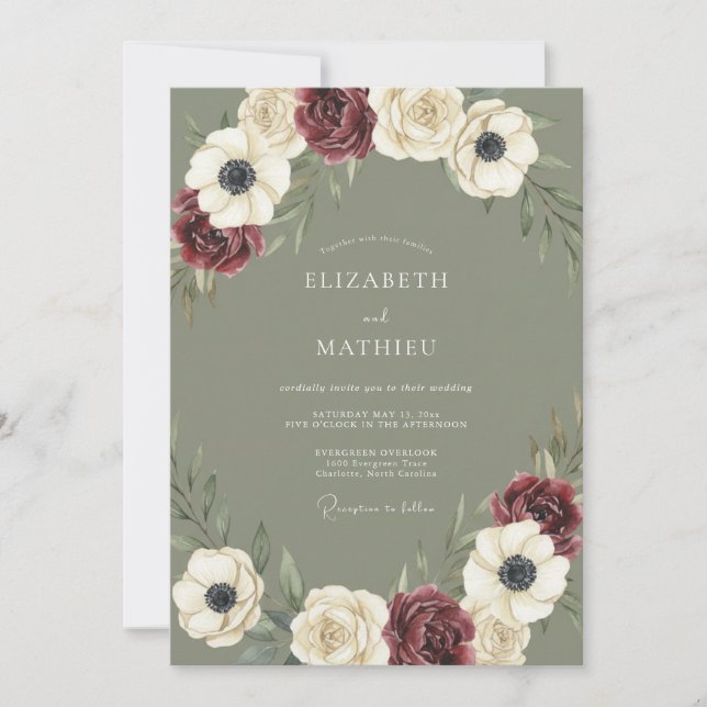 Burgundy Olive Anemone Wedding Invitation (Front)