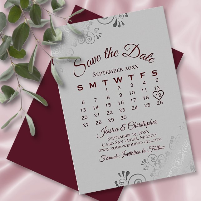 Burgundy on Gray Silver Lace Wedding Calendar Save The Date (Creator Uploaded)