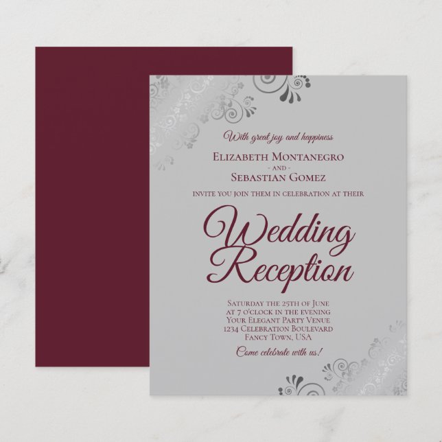 Burgundy on Grey BUDGET Wedding Reception Invite (Front/Back)
