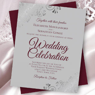 Burgundy on Grey Frilly BUDGET Wedding Invitation
