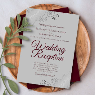 Burgundy on Grey Silver Frills Wedding Reception Invitation