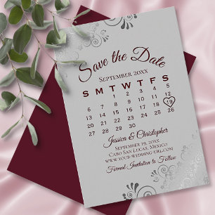 Burgundy on Grey Silver Lace Wedding Calendar Save The Date