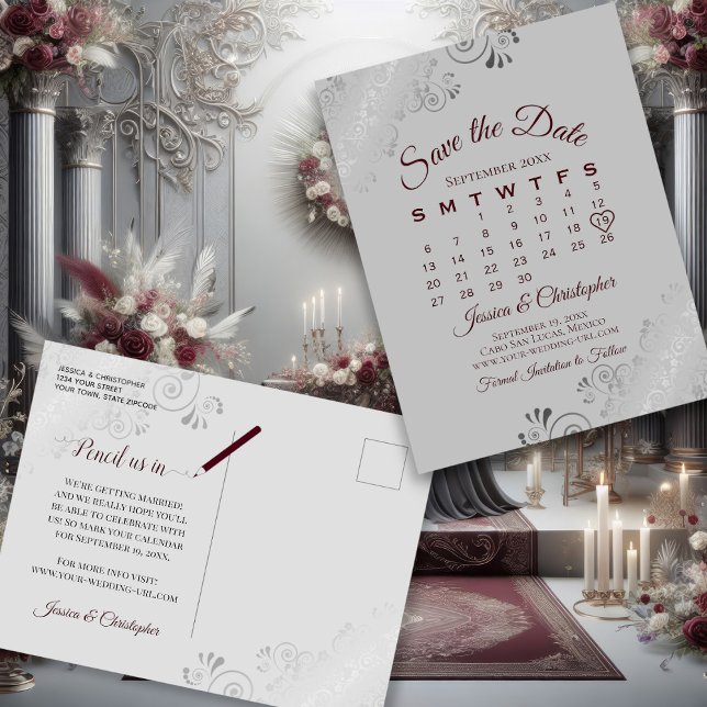 Burgundy on Grey Wedding Save the Date Calendar Announcement Postcard (Front/Back)