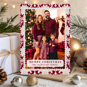 Burgundy Opal Pearl Lace Christmas Photo Holiday Card