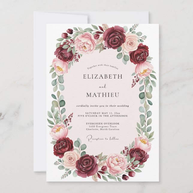 Burgundy Opulent Botanical Wedding Invitation (Front)