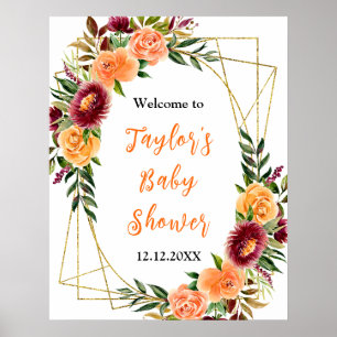 Burgundy Orange Floral Baby Shower Welcome Sign