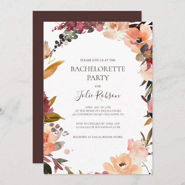 Burgundy Orange Floral Bachelorette Party  Invitation (Front/Back)