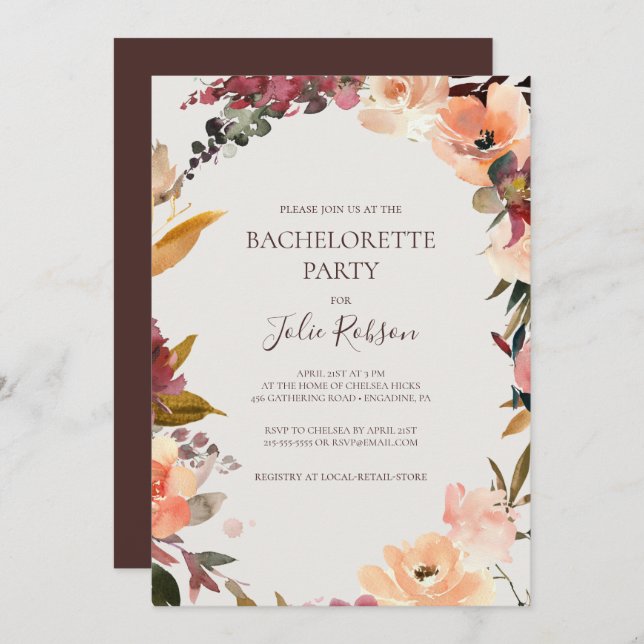 Burgundy Orange Floral | Beige Bachelorette Party Invitation (Front/Back)