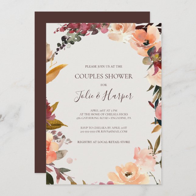 Burgundy Orange Floral | Beige Couples Shower Invitation (Front/Back)
