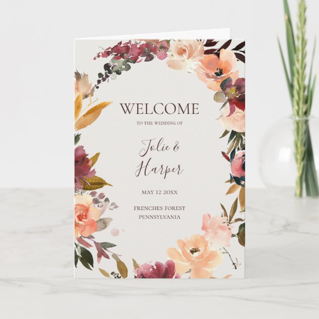 Burgundy Orange Floral | Beige Folded Wedding Programme (Front)