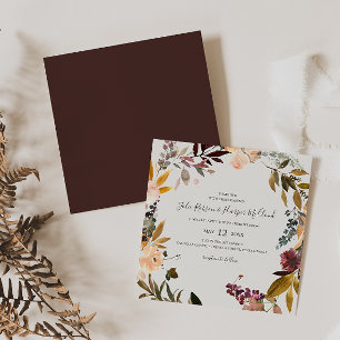 Burgundy Orange Floral   Beige Square Wedding Invitation
