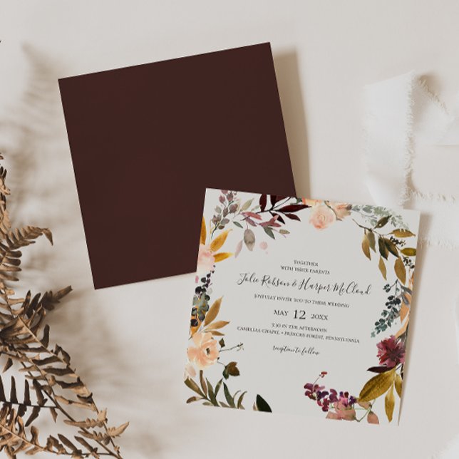 Burgundy Orange Floral | Beige Square Wedding Invitation (Creator Uploaded)