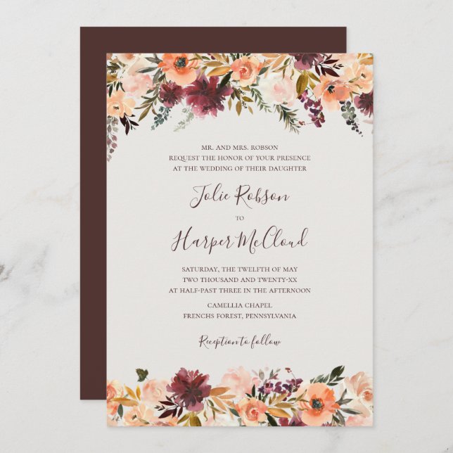 Burgundy Orange Floral | Beige Traditional Wedding Invitation (Front/Back)
