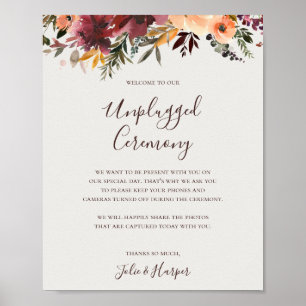 Burgundy Orange Floral Beige Unplugged Ceremony Poster
