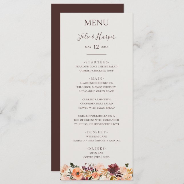 Burgundy Orange Floral | Beige Wedding Dinner Menu (Front/Back)
