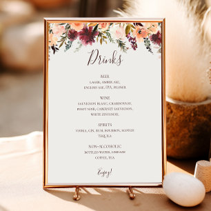 Burgundy Orange Floral Beige Wedding Drinks Menu Poster