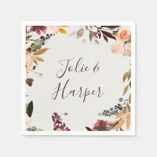 Burgundy Orange Floral Beige Wedding Napkins