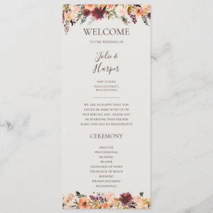 Burgundy Orange Floral Beige Wedding Program Programme