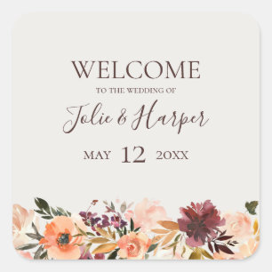 Burgundy Orange Floral   Beige Wedding Welcome Square Sticker