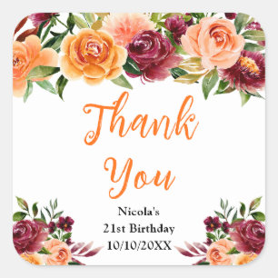 Burgundy Orange Floral Birthday Thank You Square Sticker
