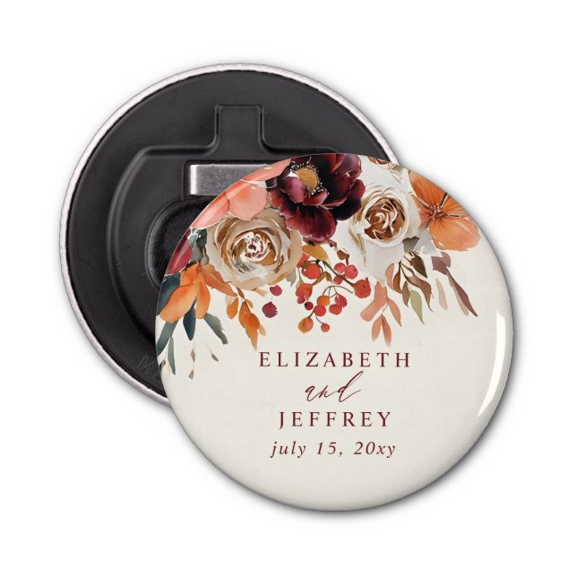 Burgundy Orange Floral Fall Wedding Bottle Opener (Front)