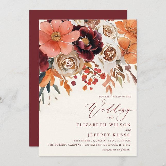 Burgundy Orange Floral Fall Wedding Invitation (Front/Back)