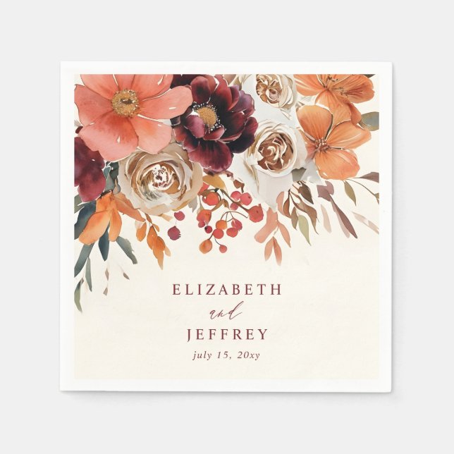 Burgundy Orange Floral Fall Wedding Napkin (Front)