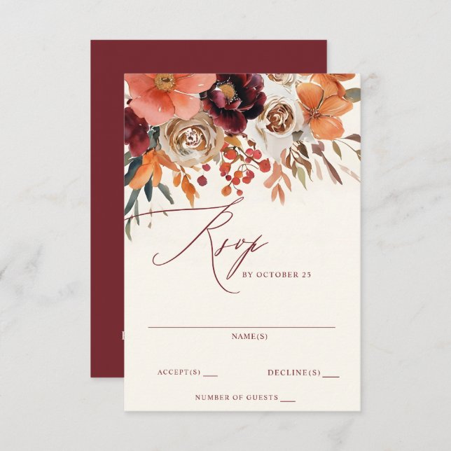 Burgundy Orange Floral Fall Wedding RSVP Card (Front/Back)