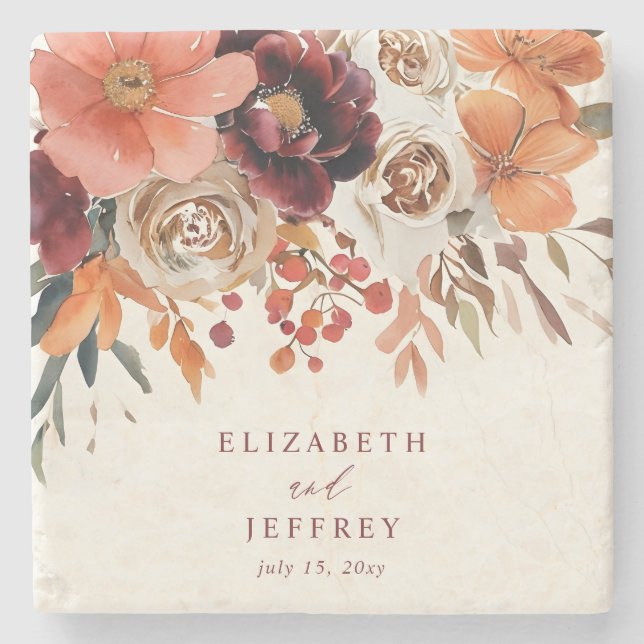 Burgundy Orange Floral Fall Wedding Stone Coaster (Front)