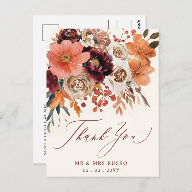 Burgundy Orange Floral Fall Wedding Thank You Postcard (Front/Back)