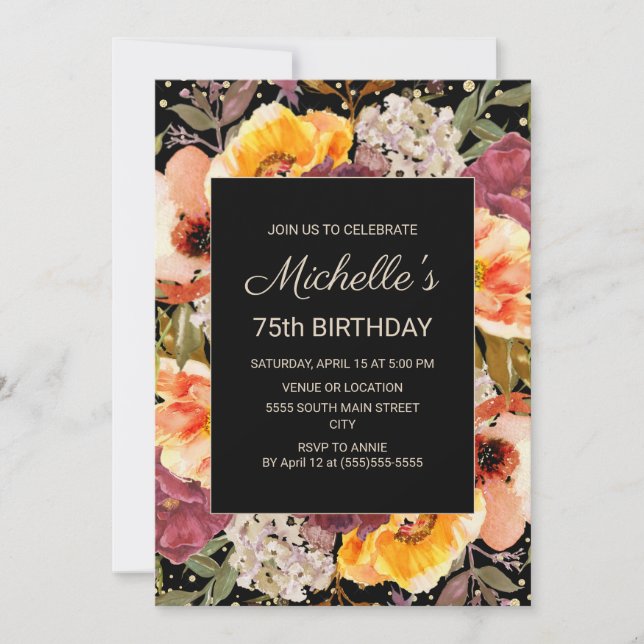 Burgundy Orange Floral Gold Black 75th Birthday Invitation (Front)
