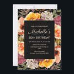 Burgundy Orange Floral Gold Black 80th Birthday Invitation<br><div class="desc">Celebrate a milestone with this elegant floral 80th birthday invitation. Featuring a striking black centre panel framed by vibrant watercolor flowers in shades of yellow, coral, lavender, and peach, this design blends sophistication with cheerful charm. Gold accents add a subtle sparkle, making it perfect for honouring a special occasion. Personalise...</div>