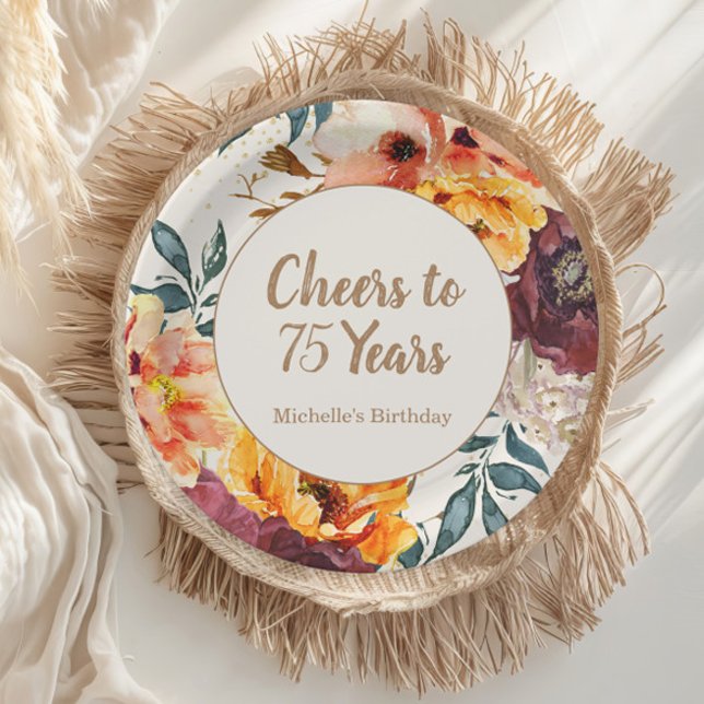 Burgundy Orange Floral Gold Cheers 75 Years Paper Plate (Orange and burgundy watercolor floral "Cheers to 75 years" paper plate)