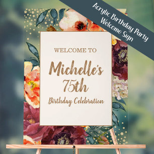 Burgundy Orange Floral Gold Glitter 75th Birthday Acrylic Sign