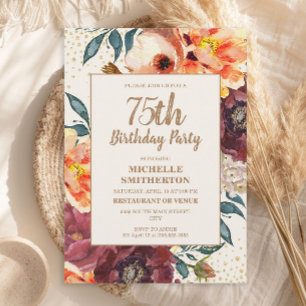Burgundy Orange Floral Gold Glitter 75th Birthday Invitation