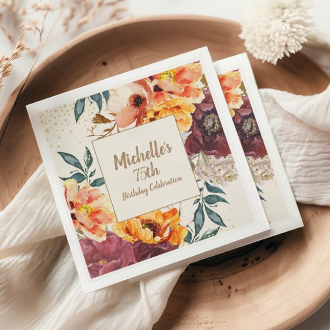 Burgundy Orange Floral Gold Glitter 75th Birthday Napkin (Orange and burgundy watercolor floral 75th birthday party paper napkins)