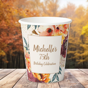 Burgundy Orange Floral Gold Glitter 75th Birthday Paper Cups