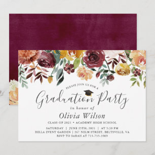 Burgundy Orange Floral Graduation Party Invitation